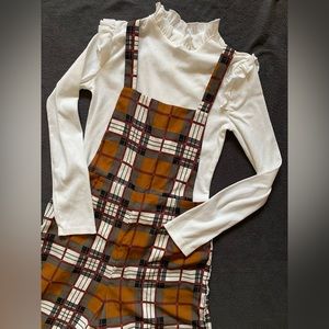 Plaid Overalls Jumpsuit White Ruffle Shoulder Long Sleeve Shirt Fall Outfit